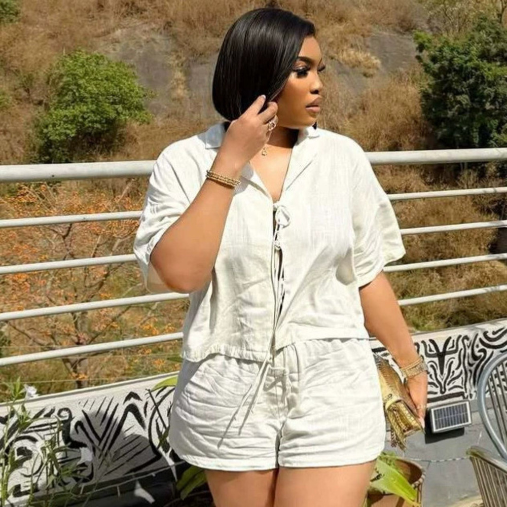 ZARA African Casual Chic Two Piece Set Bow Tie Solid Shirt Shorts